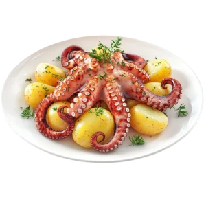 octopus-with-potatoes-and-parsley-on-plate-on-transparent-background-free-png